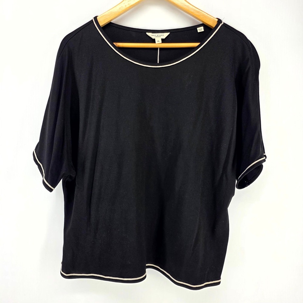 Max Studio London Top Womens XL Black Contrast Piping Short Sleeve 4708875